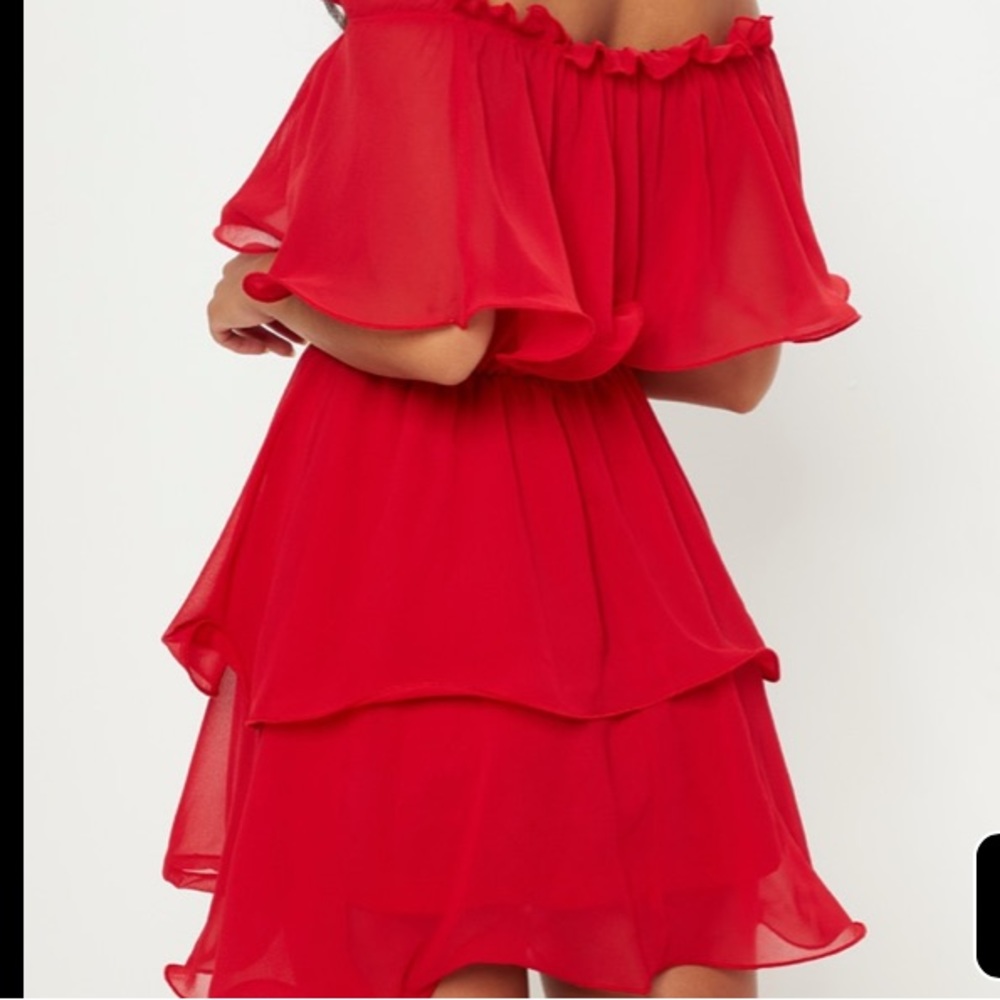 Red off the shoulder ruffle dress